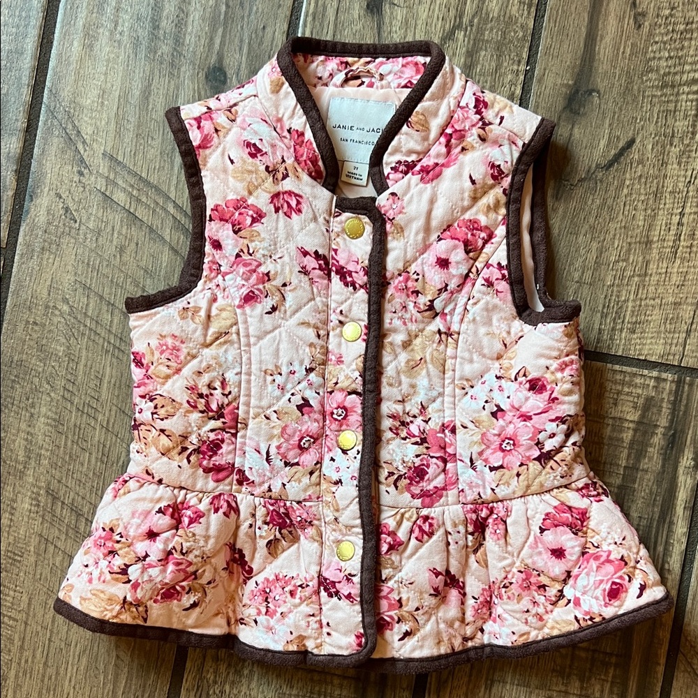 Janie and Jack Pink Floral Quilted Vest with Suede Trim
